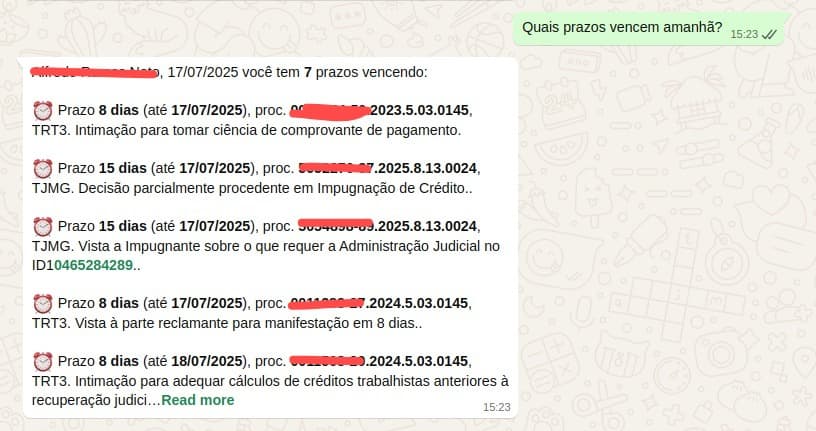 WhatsApp chat interface showing automated legal notification delivery with formatted deadline information, case details, and actionable next steps sent to lawyers via conversational agent